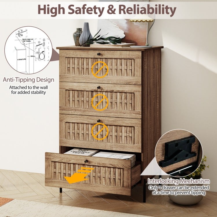 4-drawer dresser in oak with rattan-textured fronts, featuring interlocking mechanism and metal legs for bedroom safety.