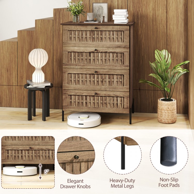 4-drawer dresser with oak wood grain finish and rattan-textured fronts, featuring metal legs and anti-slip foot pads.