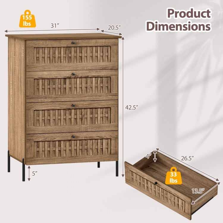 4-drawer dresser with oak wood grain finish, rattan-textured fronts, and metal legs, ideal for bedroom storage.
