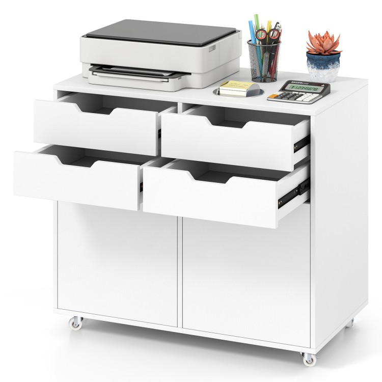 4-drawer white file cabinet on wheels with spacious countertop and lockable wheels for home office organization.