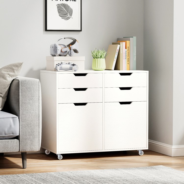 4-drawer file cabinet on wheels in white, featuring spacious countertop and lockable wheels for home office organization.