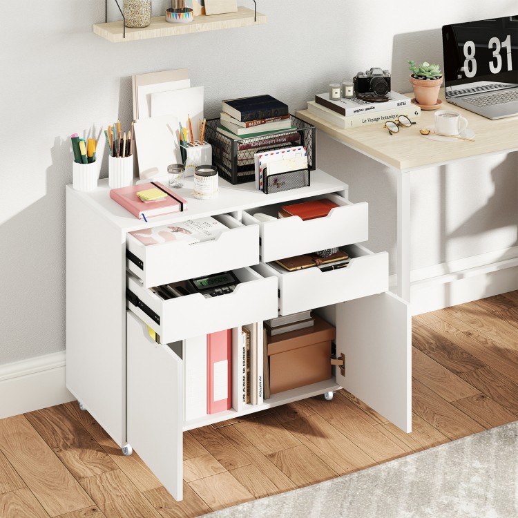 4-drawer file cabinet in white with wheels, featuring spacious countertop and enclosed cabinets for home office organization.