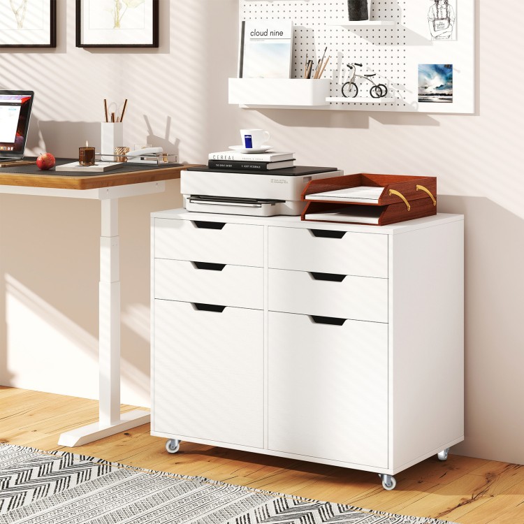 4-drawer file cabinet in white with wheels, designed for home office organization and versatile storage solutions.