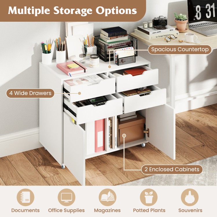 Four-drawer white file cabinet with wheels features spacious countertop and enclosed cabinets for home office organization.