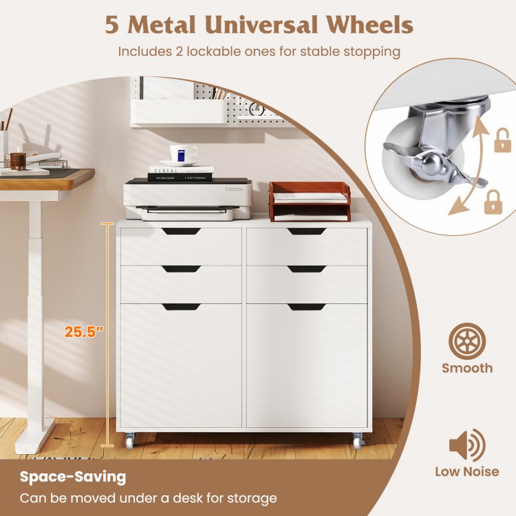 4-drawer file cabinet in white with 5 metal wheels, designed for home office organization and space-saving storage.