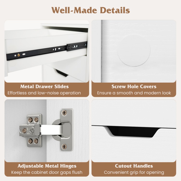 Detail of the 4 drawer file cabinet showing adjustable metal hinges, cutout handles, and smooth metal drawer slides.