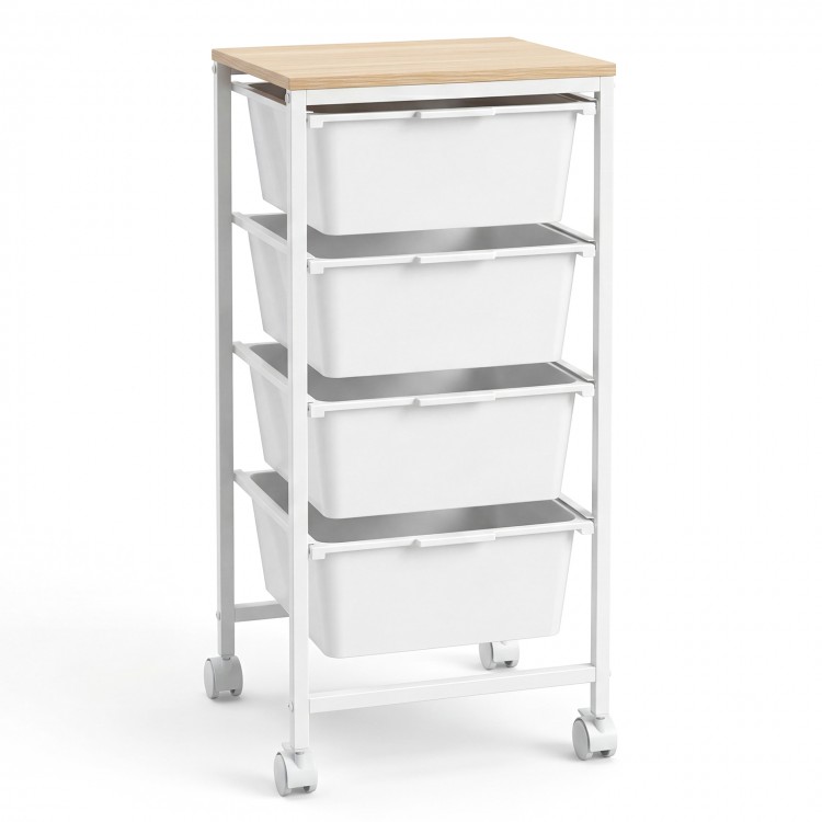 4-drawer rolling storage cart with a wooden tabletop, white drawers, and lockable wheels for versatile organization.