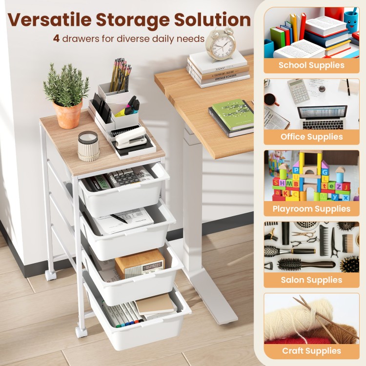 4-drawer rolling storage cart with wooden tabletop, ideal for organizing office supplies in a stylish, mobile design.