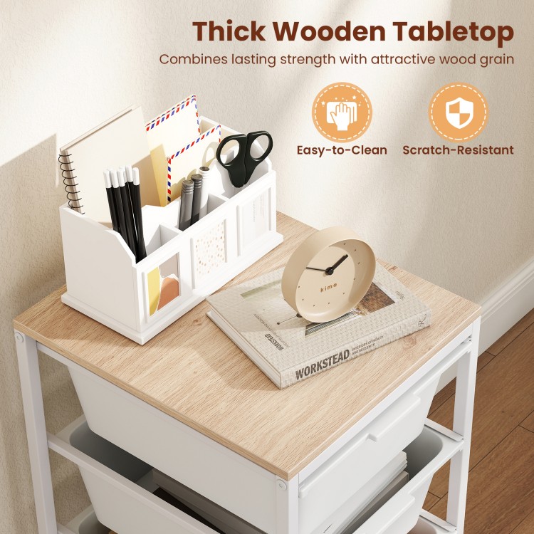 4-drawer rolling storage cart with thick wooden tabletop, natural wood grain, and lockable wheels for versatile.