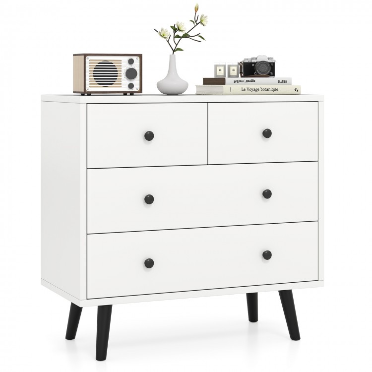 White 4-drawer dresser chest with black knobs, perfect for organized storage in modern or traditional decor.