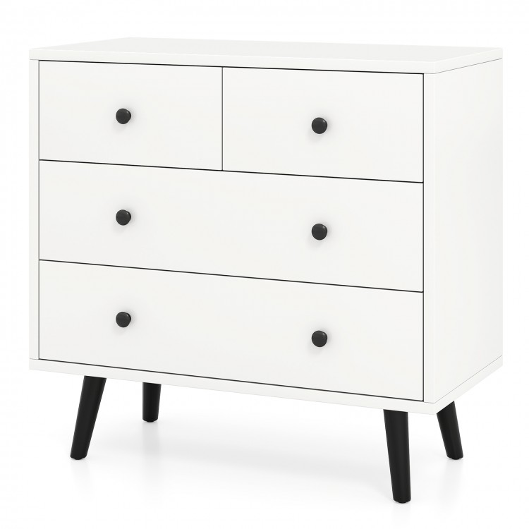 White 4-drawer dresser chest with sleek design, metal knobs, and sturdy construction for stylish storage solutions.