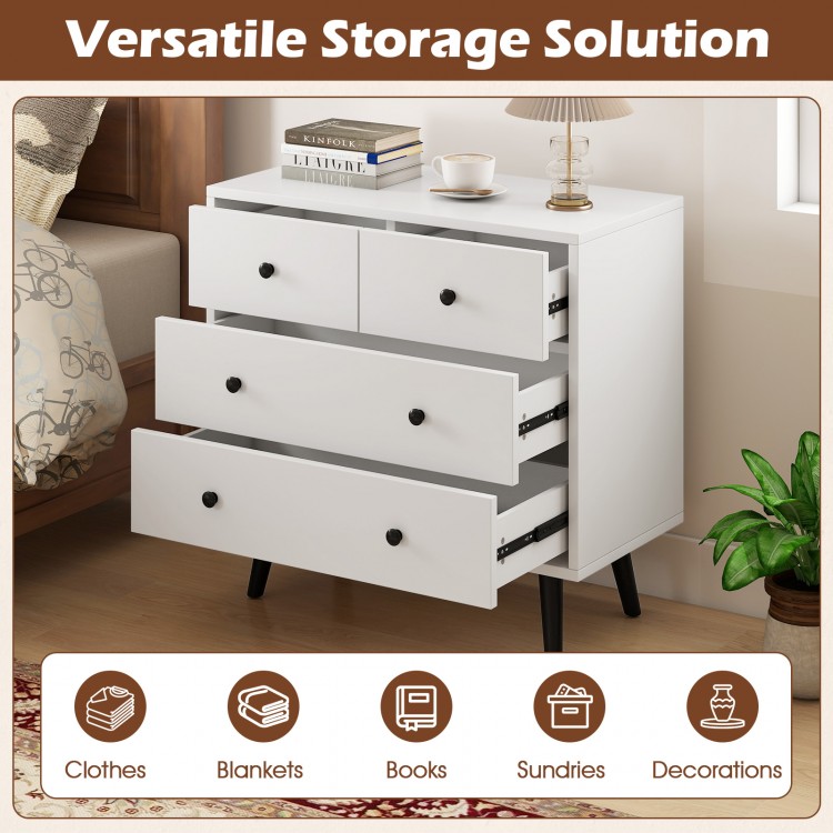 White 4-drawer dresser chest with sleek design, perfect for organizing clothes and accessories in any room.