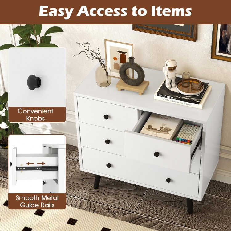 White 4-drawer dresser chest with smooth metal guide rails and convenient knobs for easy access, ideal for organized.