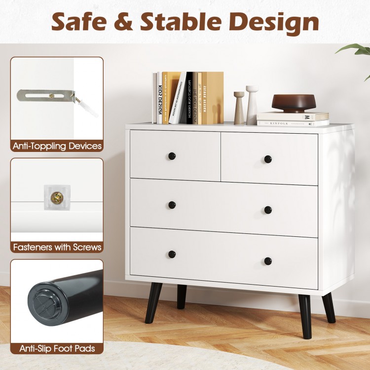 4-drawer white dresser chest with sleek design, sturdy build, and anti-slip foot pads for organized storage.