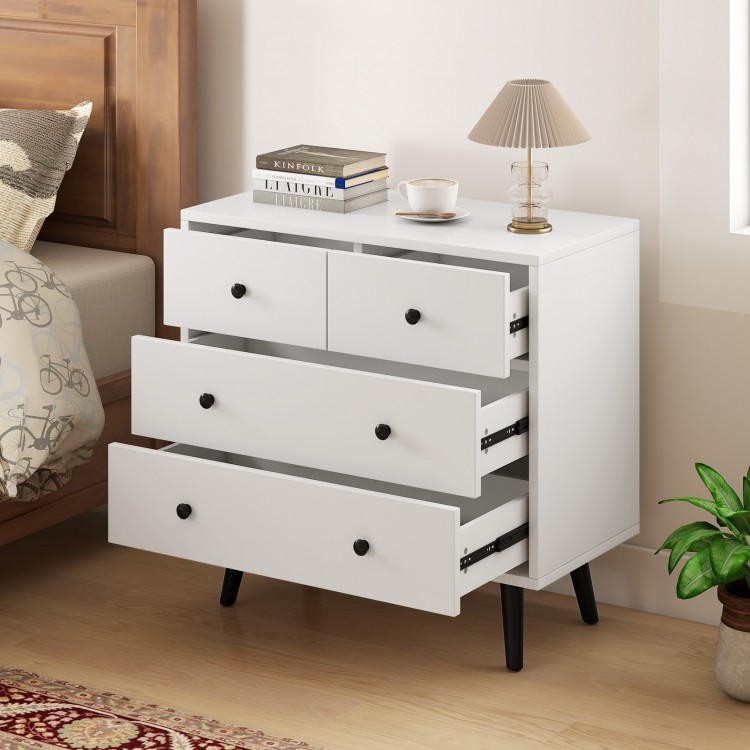 White 4-drawer dresser chest with sleek design, metal knobs, and sturdy construction for organized bedroom storage.