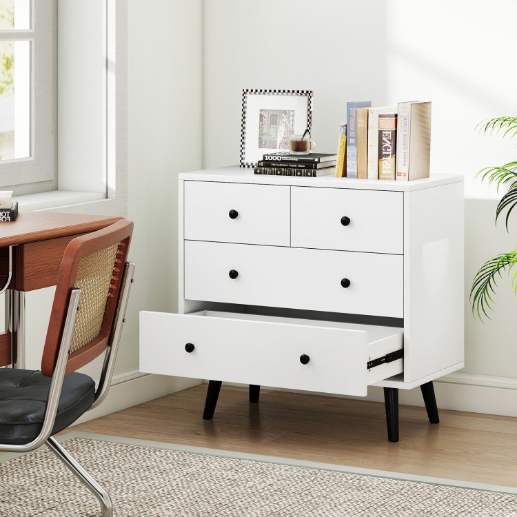 White 4-drawer dresser chest with sleek design and metal knobs, perfect for organizing clothes and accessories.