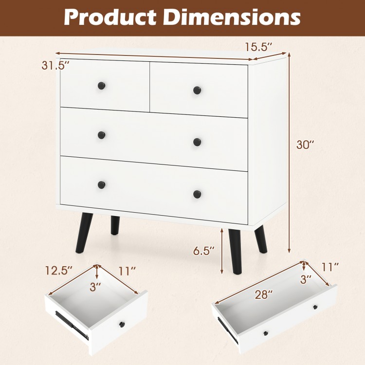 4-drawer white dresser chest dimensions with sleek design, perfect for organized storage in any room.