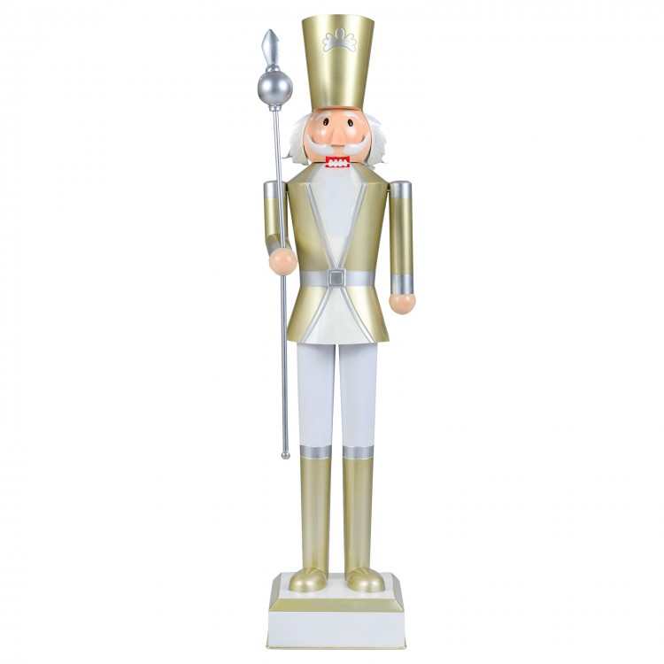 4 FT Christmas nutcracker in white and gold with a high hat and scepter, perfect for indoor or outdoor holiday displays.