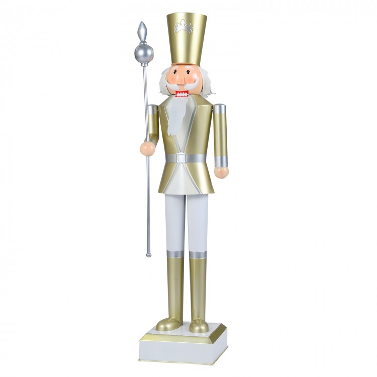 4 FT Christmas nutcracker in white and gold with a high hat and scepter, perfect for indoor and outdoor holiday.