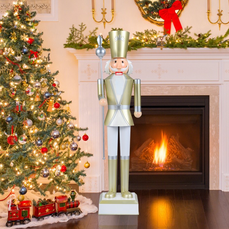 4 FT Christmas nutcracker with a golden hat and scepter, perfect for indoor and outdoor holiday displays.