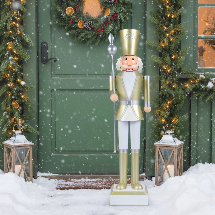 4 FT Christmas nutcracker with a golden hat and scepter, ideal for festive indoor or outdoor holiday displays.