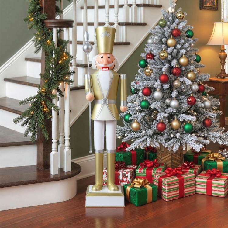 4 FT Christmas nutcracker with high hat and scepter, ideal for indoor or outdoor holiday decoration and displays.