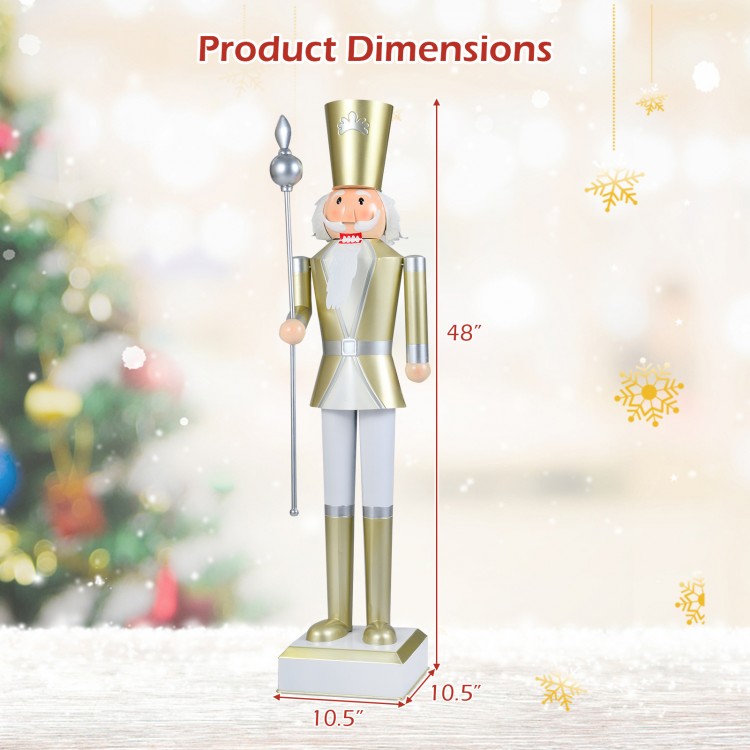 4 FT Christmas nutcracker with a golden hat and scepter, featuring a sturdy base for indoor and outdoor holiday.