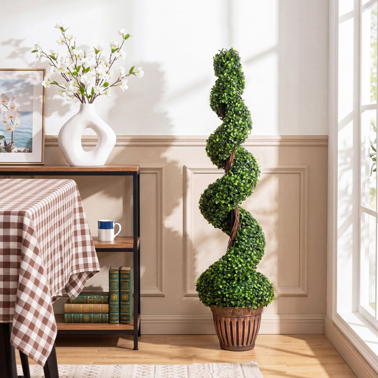 Artificial 4 feet boxwood spiral tree with lush green leaves in a weighted retro planter, perfect for indoor and outdoor decor.