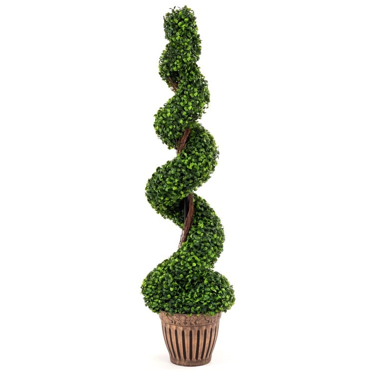 Artificial 4 feet boxwood spiral tree with lush green leaves in a weighted retro planter for indoor and outdoor decoration.