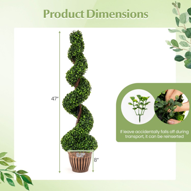 Artificial 4 feet boxwood spiral tree with lush green leaves in a weighted retro planter, perfect for indoor or outdoor decor.