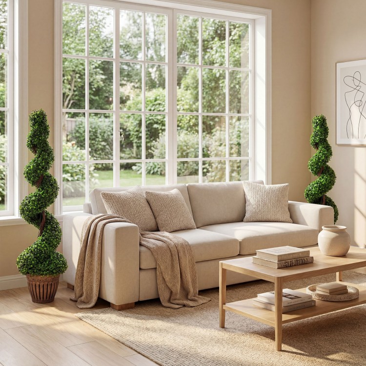 Chic 4 feet artificial boxwood spiral tree with lush green leaves in a weighted planter for indoor and outdoor decoration.