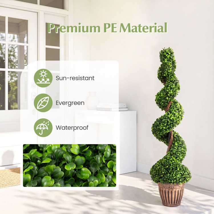 Artificial 4 feet boxwood spiral tree with lush green leaves, sun-resistant PE material, perfect for indoor or outdoor decoration.