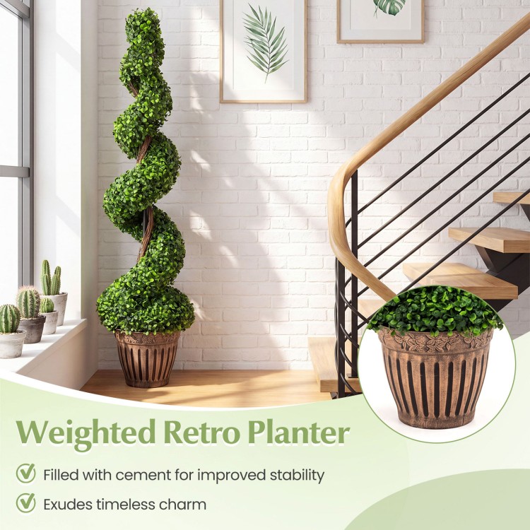Artificial boxwood spiral tree in a weighted retro planter, featuring lush green leaves for stylish indoor or outdoor decor.