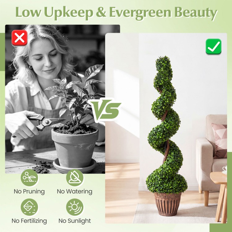 4 feet artificial boxwood spiral tree with lush green leaves in a weighted planter, perfect for indoor and outdoor decoration.