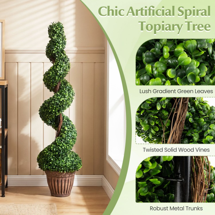 Chic 4 feet artificial boxwood spiral tree with lush green leaves and robust metal trunk for indoor or outdoor decoration.