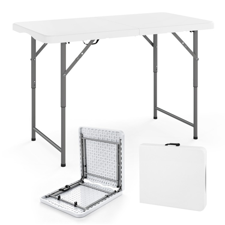 Portable 4 feet camping table with HDPE tabletop and metal legs, foldable design for easy storage and outdoor use.