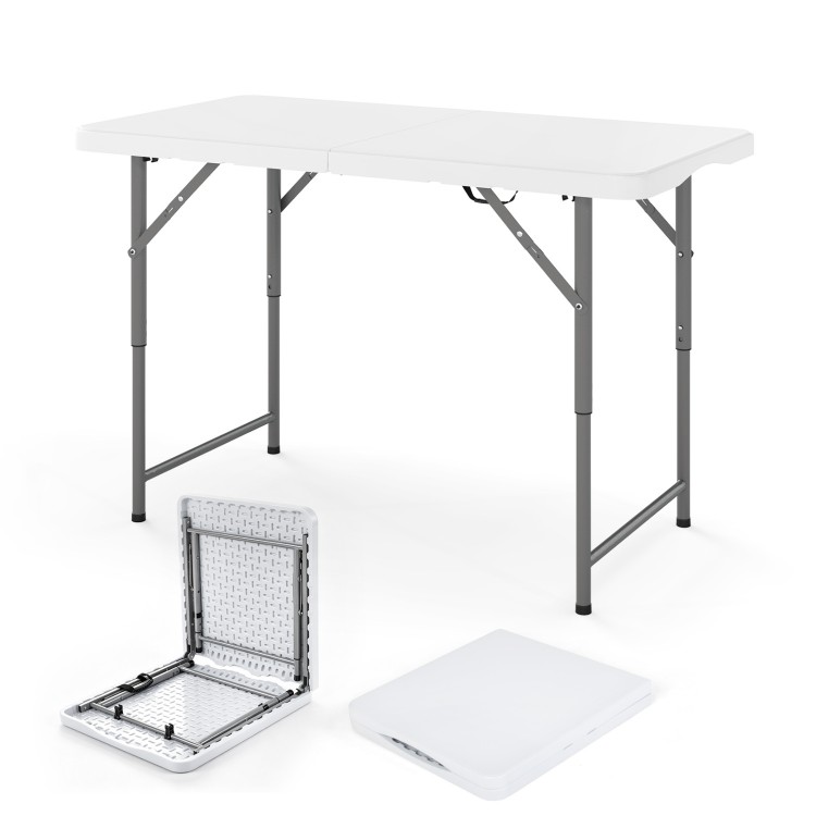 Foldable 4 feet portable camping table with HDPE tabletop and sturdy metal legs, ideal for indoor and outdoor use.