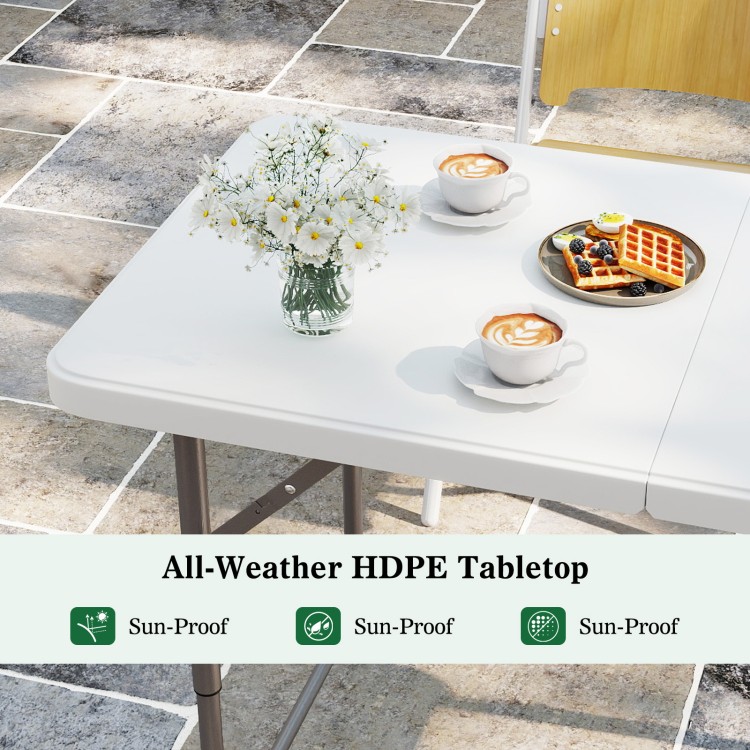 Portable 4 feet camping table with adjustable HDPE tabletop and sturdy metal legs, ideal for indoor and outdoor use.