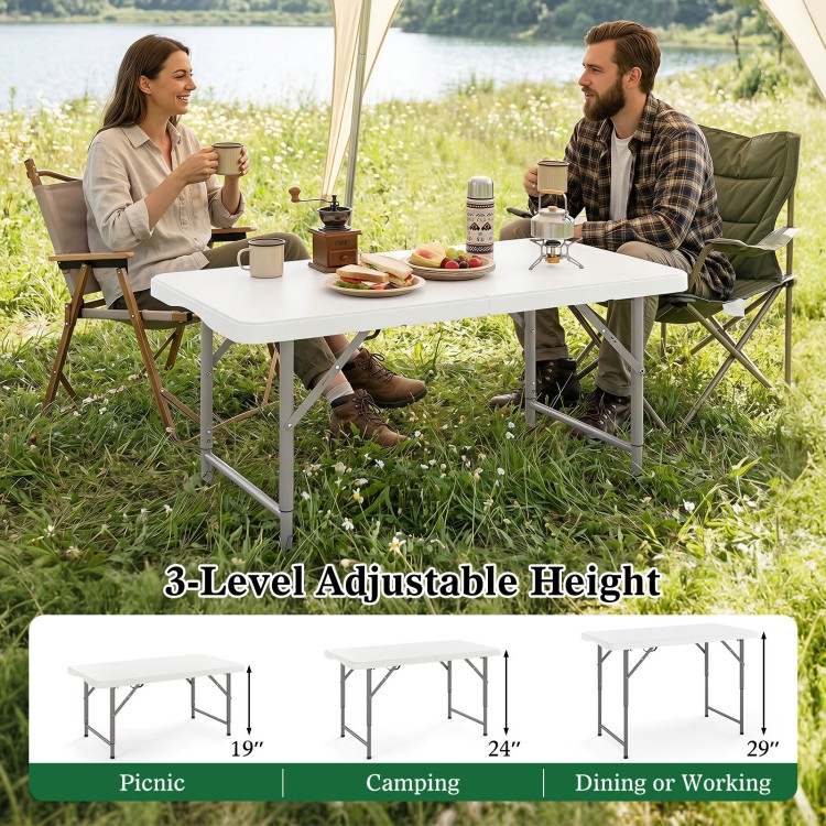 Portable 4 feet camping table with HDPE tabletop and metal legs, featuring 3-level adjustable height for versatile use.