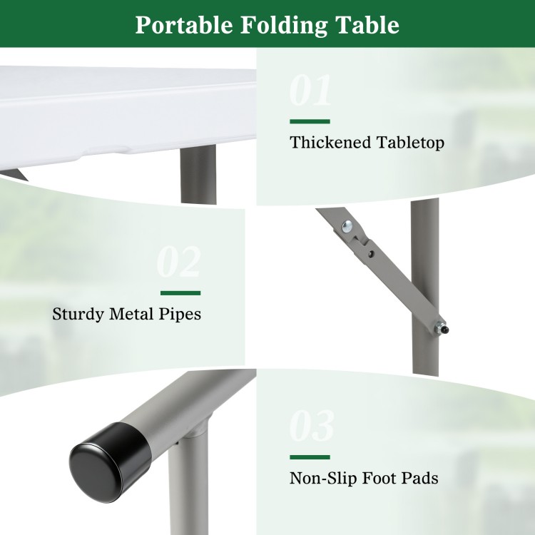 Portable folding table with HDPE tabletop, sturdy metal legs, and non-slip foot pads for stable outdoor use.