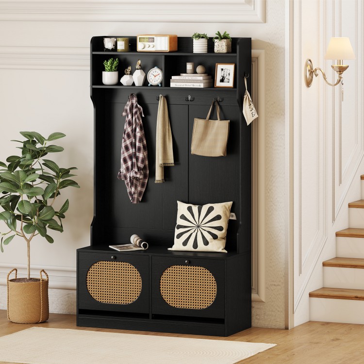 4-in-1 black hall tree with coat rack, flip drawers, and PE rattan surface, ideal for entryway storage and organization.