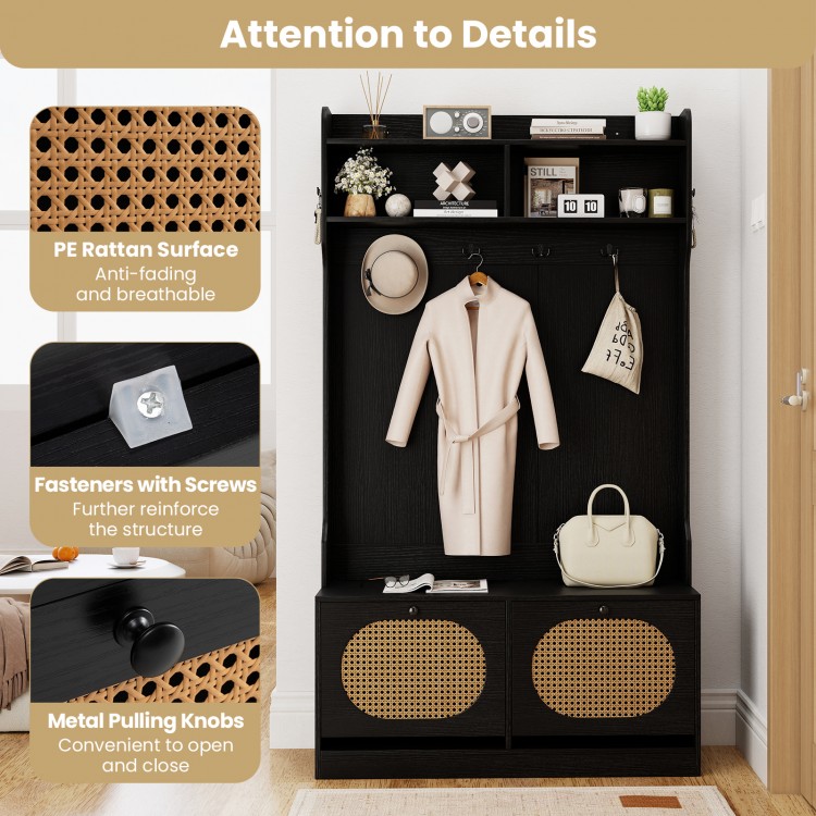 4-in-1 black hall tree with PE rattan surface, dual hooks, and flip drawers for entryway storage and organization.