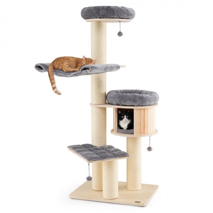 Multi-layer 68.5-inch wooden cat tree with sisal posts, plush hammocks, and cozy condo for playful cats.