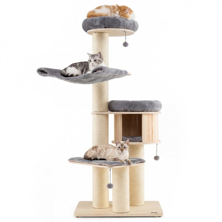 Multi-layer 68.5-inch wooden cat tree with plush hammocks, sisal posts, and cozy condo for playful cats.