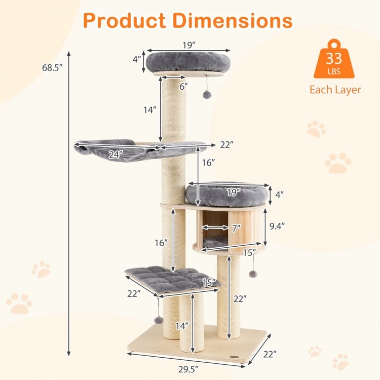 Product dimensions of the 68.5-inch wooden cat tree condo with sisal posts, featuring cozy plush layers and stable.