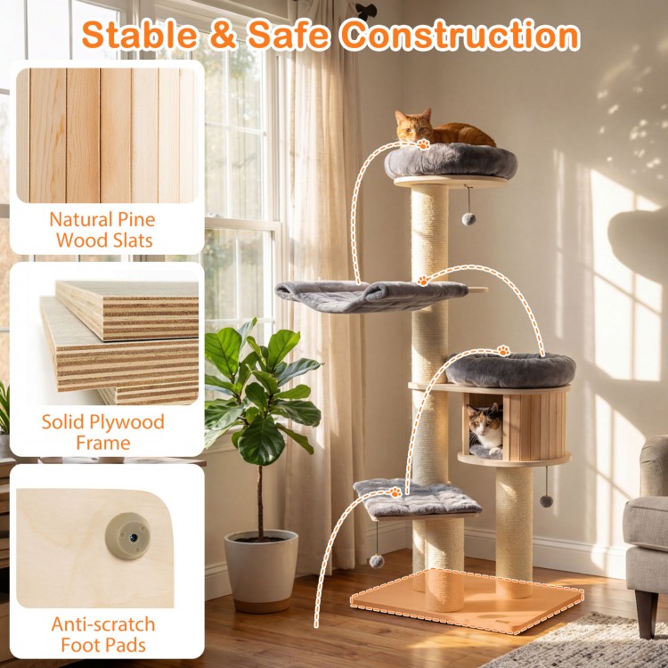 4-layer 68.5-inch wooden cat tree with plush hammock, sisal posts, and natural pine wood for playful and cozy cat.