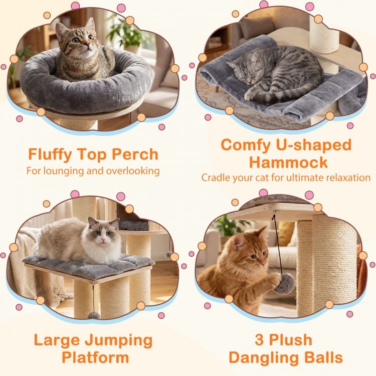 Fluffy top perch and comfy U-shaped hammock on a 68.5-inch gray wooden cat tree for lounging and relaxation.