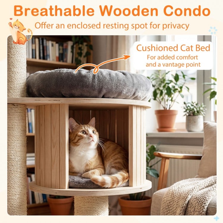 Cushioned cat bed on a 68.5-inch wooden cat tree condo, featuring plush covering and sisal posts for scratching.