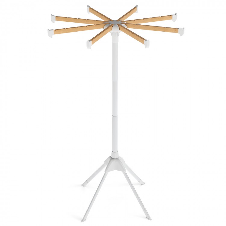 Foldable clothes drying rack with 8 bamboo rods and 40 hanger slots, designed for stable and convenient drying.