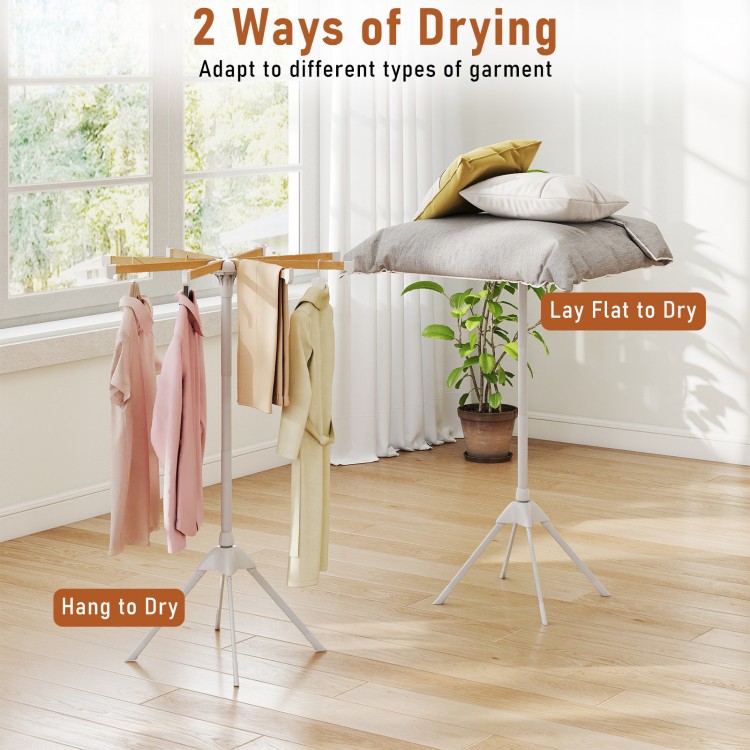 Foldable clothes drying rack with 8 bamboo rods, featuring hang or lay flat drying options for versatile garment care.